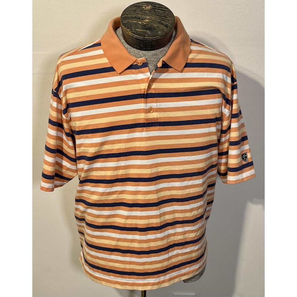 Nike Golf Polo Shirt Mens Large Orange Navy Striped Dri Fit RN56323‎ Performance